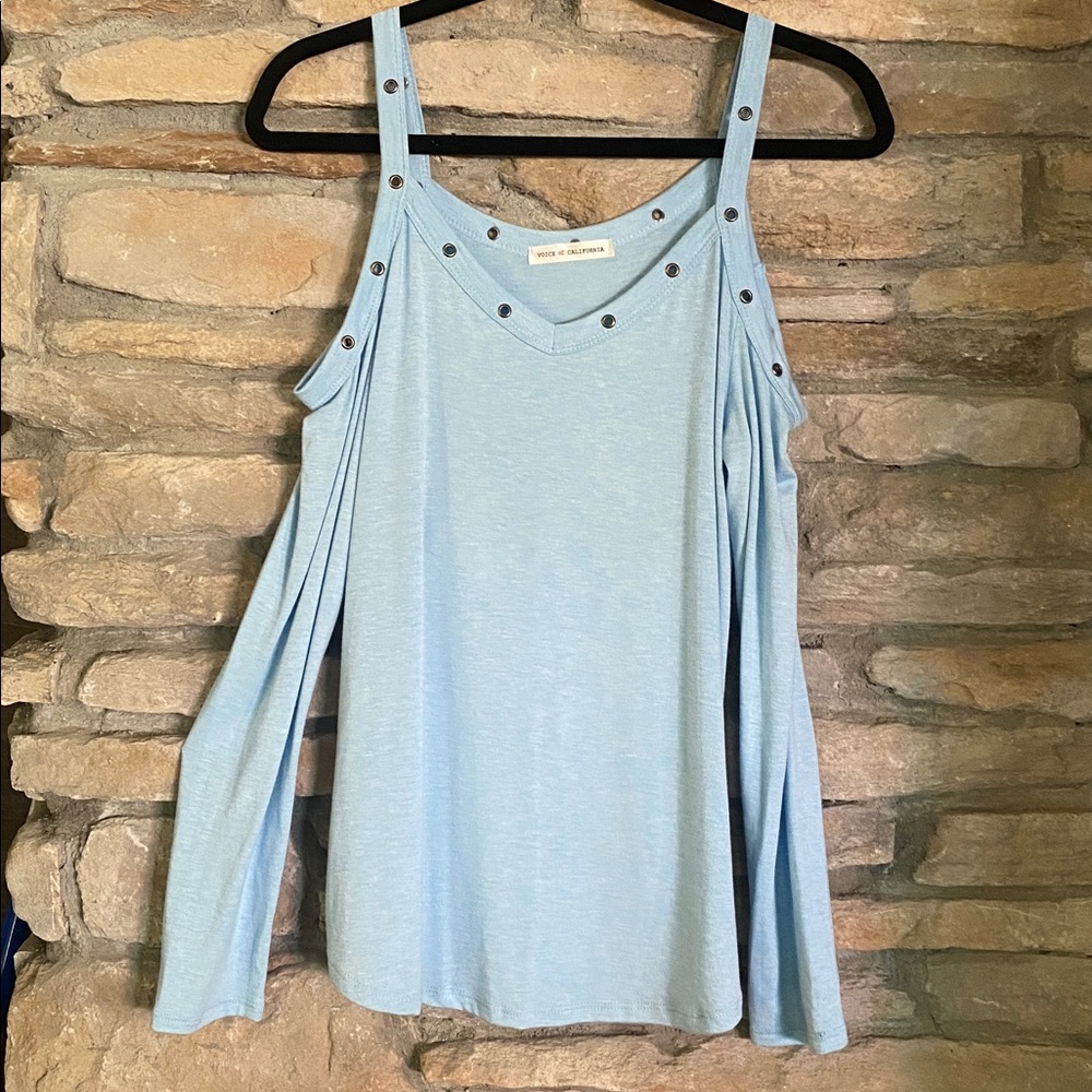 Voice of California Light Blue Cold Shoulder Top with grommet detail.  Small
